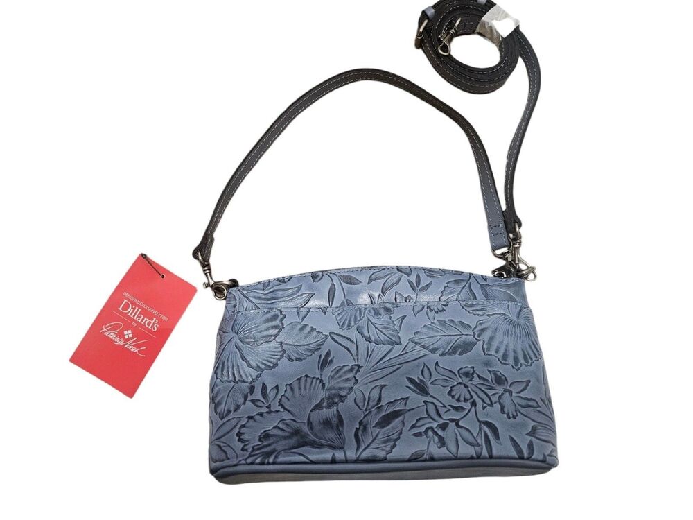 RARE Patricia Nash Hibiscus Tooled Arlee Leather Crossbody Bag in Blue Fog NWT